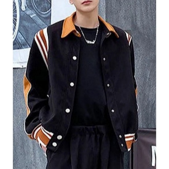 Alicia Vikander Irma Vep Mira Varsity Wool Black and Brown Jacket Alicia Vikander Irma Vep Mira Varsity Wool Black and Brown Jacket