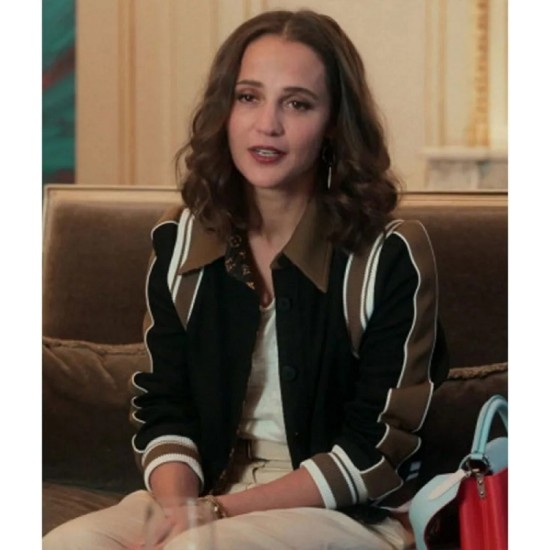 Alicia Vikander Irma Vep Mira Varsity Wool Black and Brown Jacket Alicia Vikander Irma Vep Mira Varsity Wool Black and Brown Jacket