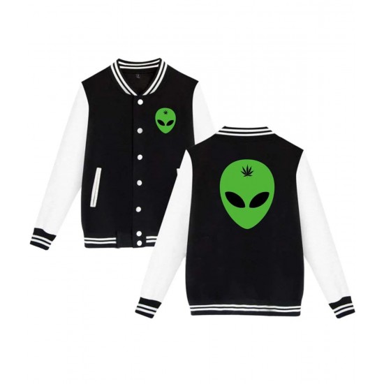 Alien Head Leaf Weed Black and White Baseball Jacket Alien Head Leaf Weed Black and White Baseball Jacket