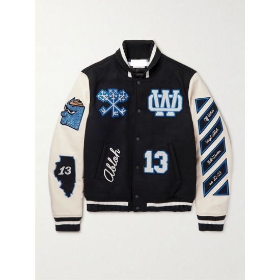 Appliqued Wool Blend Felt and Leather Varsity Bomber Jacket Appliqued Wool Blend Felt and Leather Varsity Bomber Jacket