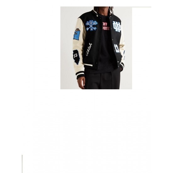 Appliqued Wool Blend Felt and Leather Varsity Bomber Jacket Appliqued Wool Blend Felt and Leather Varsity Bomber Jacket
