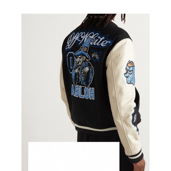 Appliqued Wool Blend Felt and Leather Varsity Bomber Jacket Appliqued Wool Blend Felt and Leather Varsity Bomber Jacket