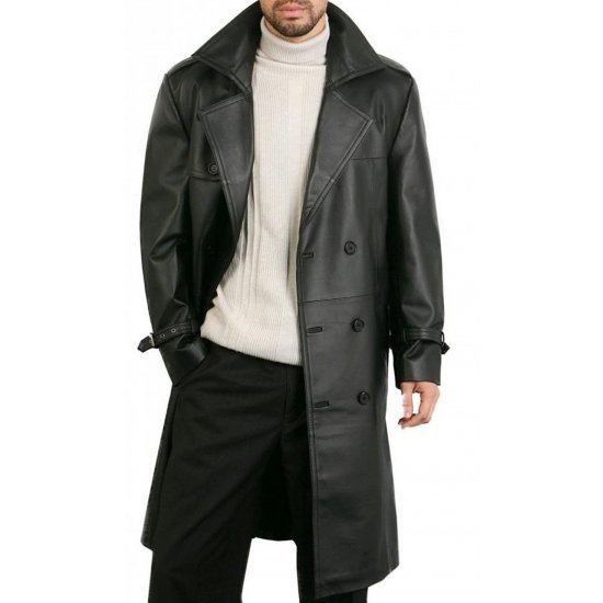 Augusta Guys Black Double Breasted Leather Overcoat Augusta Guys Black Double Breasted Leather Overcoat
