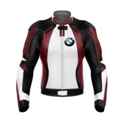 BMW White Maroon Motorcycle Leather Racing Jacket