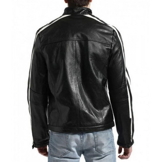 Biker Men’s White Stripes Black Leather Jacket