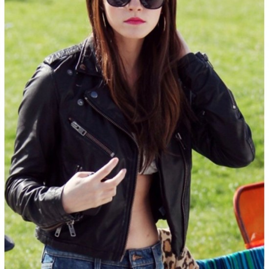 Biker Style Emma Watson Cropped Black Leather Jacket Biker Style Emma Watson Cropped Black Leather Jacket