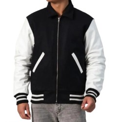 Black Body & White Leather Sleeves Letterman Jacket