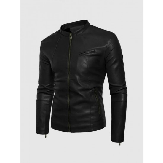 Black Leather Jacket with Small Collar