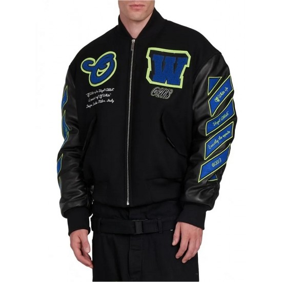 Black Varsity Hammer Wool And Leather Bomber Jacket Black Varsity Hammer Wool And Leather Bomber Jacket