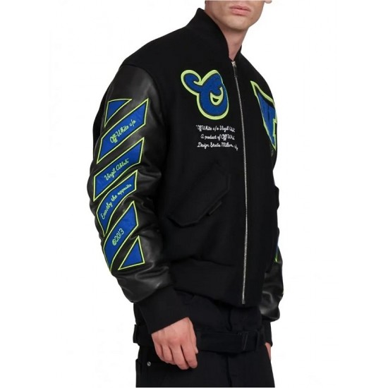 Black Varsity Hammer Wool And Leather Bomber Jacket Black Varsity Hammer Wool And Leather Bomber Jacket