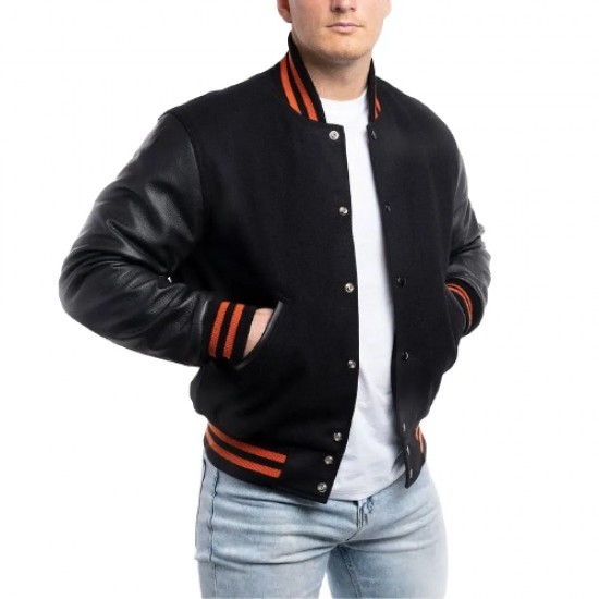 Black Wool & Leather Letterman Jacket with Orange Stripes
