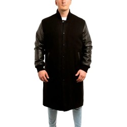Black Wool & Leather Sleeves Letterman Coat 