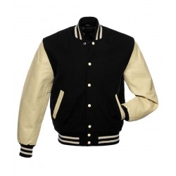Black Wool and Beige Leather Varsity Jacket