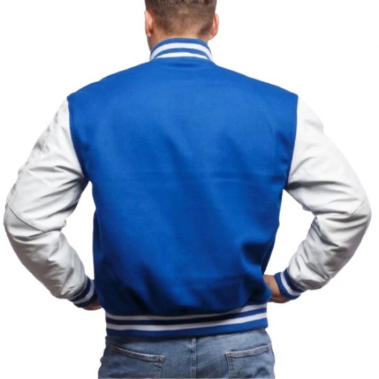 Blue Wool & White Genuine Leather Varsity Letterman Jacket Blue Wool & White Genuine Leather Varsity Letterman Jacket
