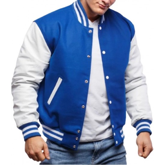 Blue Wool & White Genuine Leather Varsity Letterman Jacket Blue Wool & White Genuine Leather Varsity Letterman Jacket