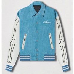 Skeleton Stitch Corduroy Blue Varsity Jacket