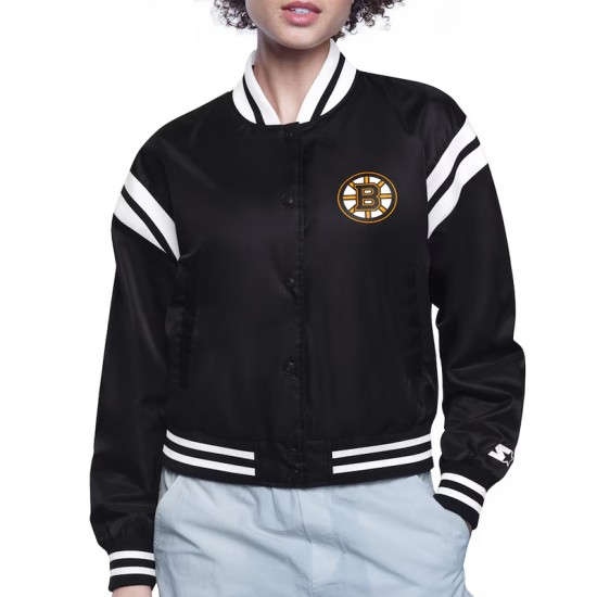 Boston Bruins Printed Logo Varsity Satin Jacket Boston Bruins Printed Logo Varsity Satin Jacket
