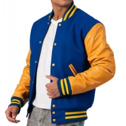 Bright Royal Body & Gold Leather Sleeves Letterman Jacket 