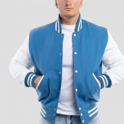 Bright White Leather Sleeves & Newark Blue Wool Body Letterman Jacket