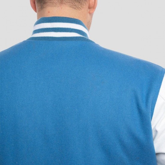Bright White Leather Sleeves and Newark Blue Wool Body Letterman Jacket
