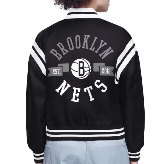 Brooklyn Nets Printed Logo Varsity Satin Jacket Brooklyn Nets Printed Logo Varsity Satin Jacket