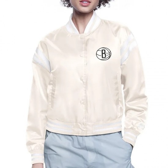 Brooklyn Nets Printed Logo Varsity Satin Jacket Brooklyn Nets Printed Logo Varsity Satin Jacket