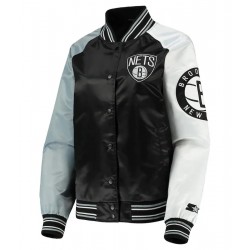 Brooklyn Nets Reliever Raglan Full-Snap Satin Black and Gray Jacket