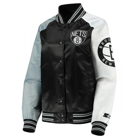 Brooklyn Nets Reliever Raglan Full-Snap Satin Black and Gray Jacket Brooklyn Nets Reliever Raglan Full-Snap Satin Black and Gray Jacket