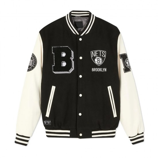 Brooklyn Nets Varsity Black and Off-White Jacket