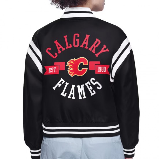 Calgary Flames Printed Logo Varsity Satin Jacket Calgary Flames Printed Logo Varsity Satin Jacket