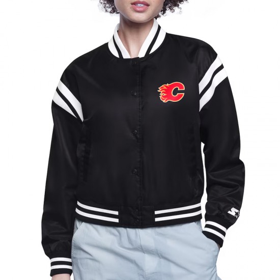 Calgary Flames Printed Logo Varsity Satin Jacket Calgary Flames Printed Logo Varsity Satin Jacket