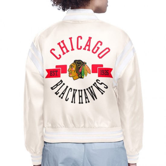 Chicago Blackhawks Printed Logo Varsity Satin Jacket Chicago Blackhawks Printed Logo Varsity Satin Jacket