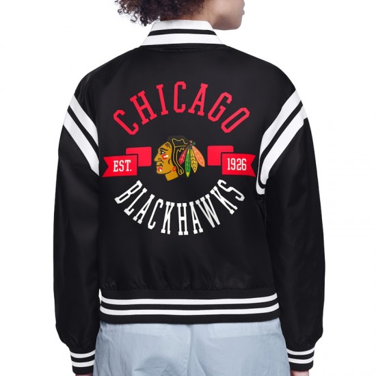 Chicago Blackhawks Printed Logo Varsity Satin Jacket Chicago Blackhawks Printed Logo Varsity Satin Jacket