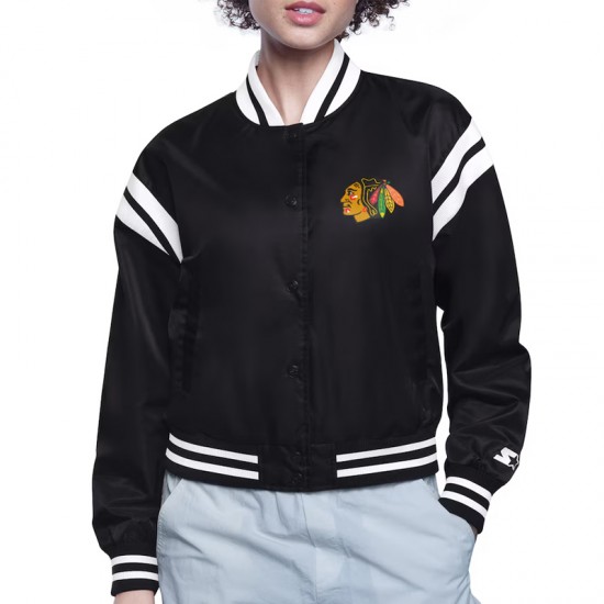 Chicago Blackhawks Printed Logo Varsity Satin Jacket Chicago Blackhawks Printed Logo Varsity Satin Jacket