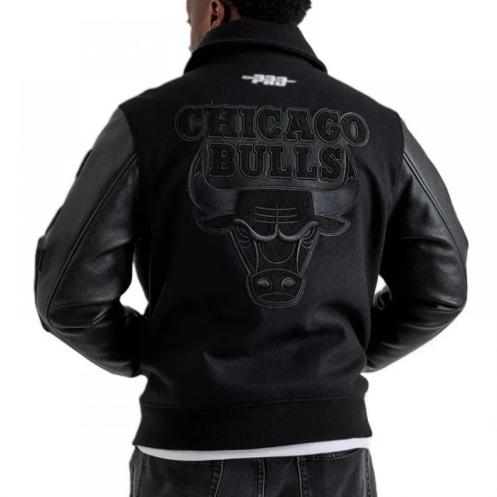 Chicago Bulls Letterman Jacket Black Patches Wool Leather Full-Zip Varsity Style