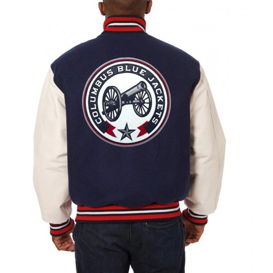 Columbus Blue Jackets White and Navy Blue Varsity Jacket Columbus Blue Jackets White and Navy Blue Varsity Jacket