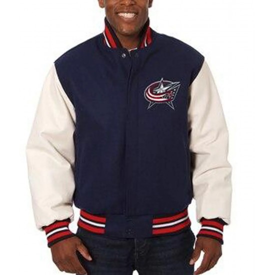 Columbus Blue Jackets White and Navy Blue Varsity Jacket Columbus Blue Jackets White and Navy Blue Varsity Jacket