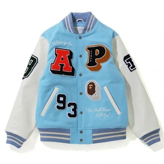 Crazy Patch Bape Wool Varsity Blue Jacket Crazy Patch Bape Wool Varsity Blue Jacket