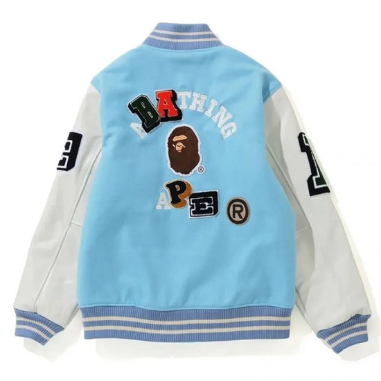 Crazy Patch Bape Wool Varsity Blue Jacket Crazy Patch Bape Wool Varsity Blue Jacket