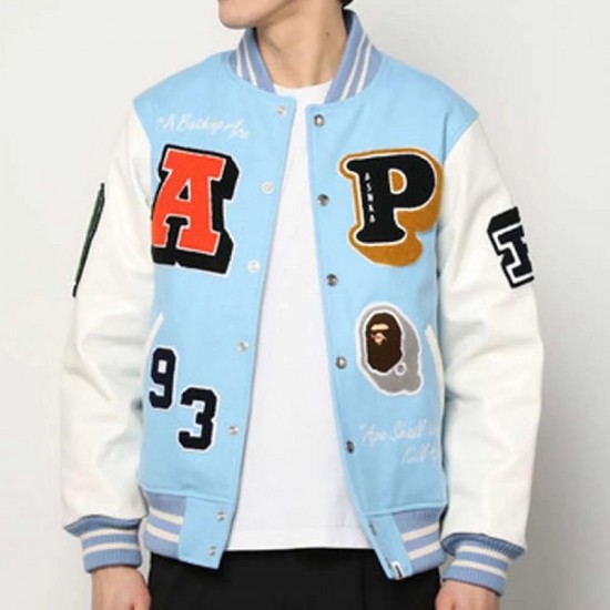 Crazy Patch Bape Wool Varsity Blue Jacket Crazy Patch Bape Wool Varsity Blue Jacket