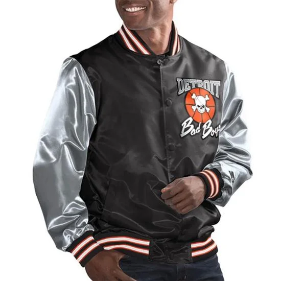 Detroit Bad Boys Black & Gray Varsity Satin Jacket
