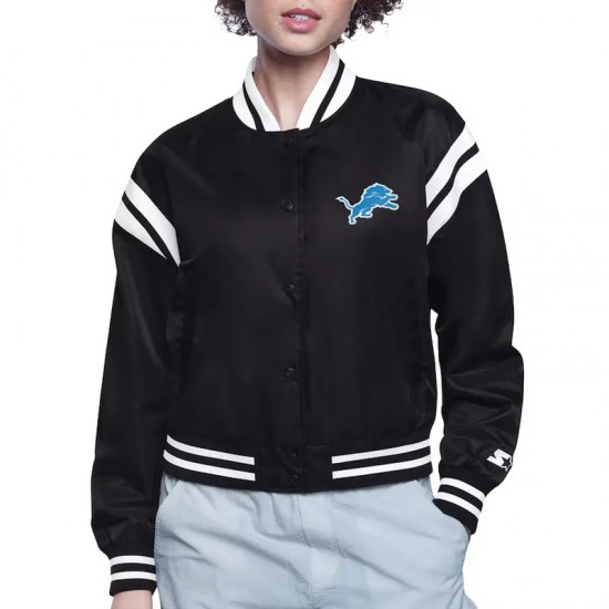 Detroit Lions Printed Logo Varsity Satin Jacket Detroit Lions Printed Logo Varsity Satin Jacket
