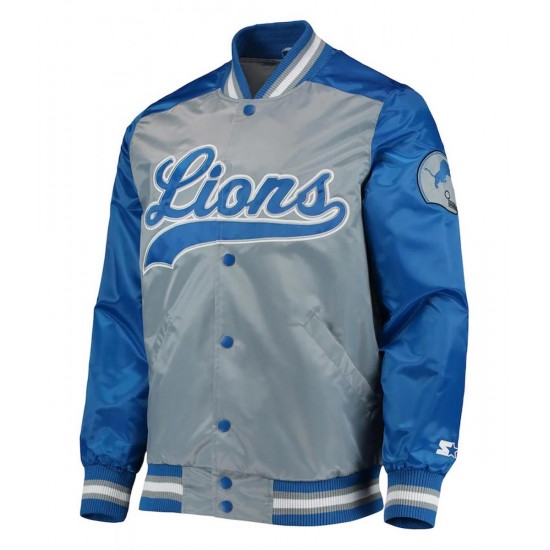 Detroit Lions The Tradition II Grey and Blue Varsity Satin Jacket Detroit Lions The Tradition II Grey and Blue Varsity Satin Jacket