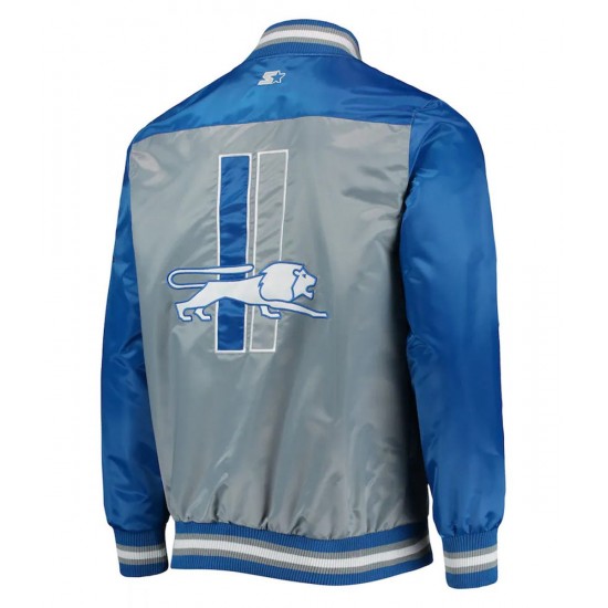 Detroit Lions The Tradition II Grey and Blue Varsity Satin Jacket Detroit Lions The Tradition II Grey and Blue Varsity Satin Jacket