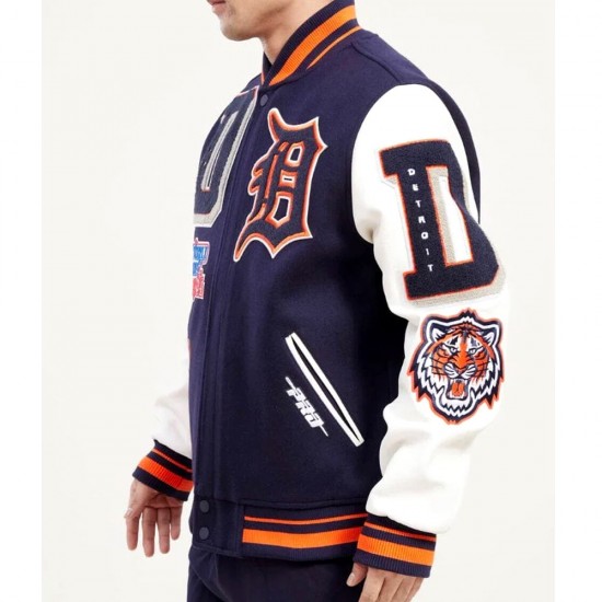Detroit Tigers Mash Up White and Navy Blue Varsity Jacket Detroit Tigers Mash Up White and Navy Blue Varsity Jacket