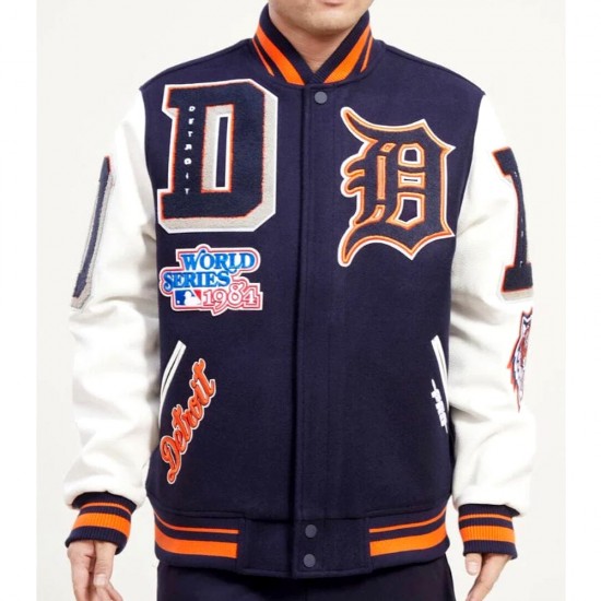 Detroit Tigers Mash Up White and Navy Blue Varsity Jacket Detroit Tigers Mash Up White and Navy Blue Varsity Jacket
