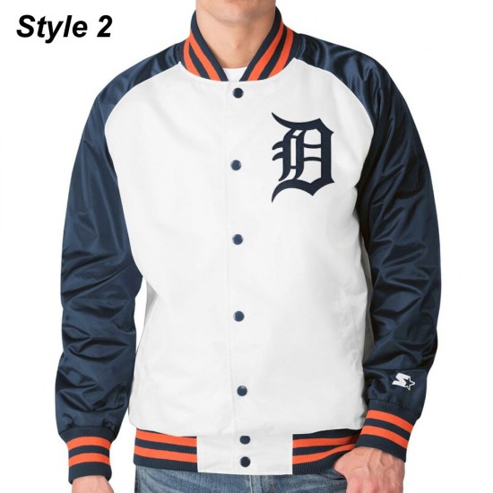 Detroit Tigers White and Blue Varsity Satin Jacket Detroit Tigers White and Blue Varsity Satin Jacket
