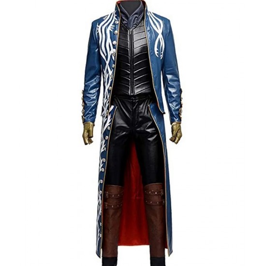 Devil May Cry 3 Vergil Blue Leather Trench Coat Devil May Cry 3 Vergil Blue Leather Trench Coat