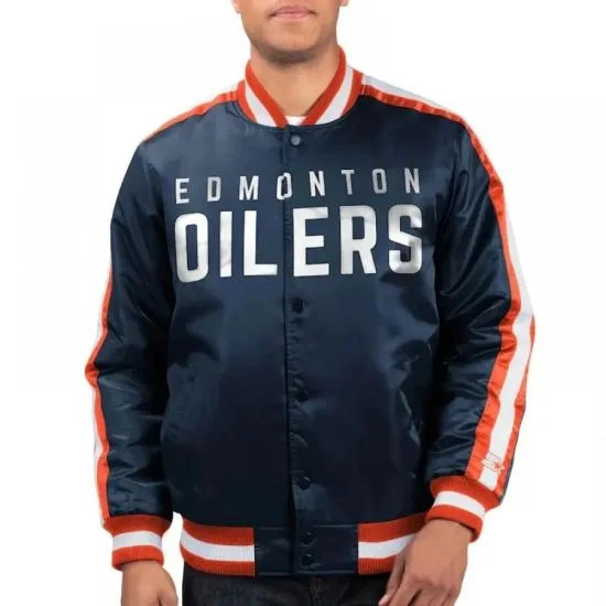 Edmonton Oilers O-Line Navy Varsity Satin Jacket Edmonton Oilers O-Line Navy Varsity Satin Jacket