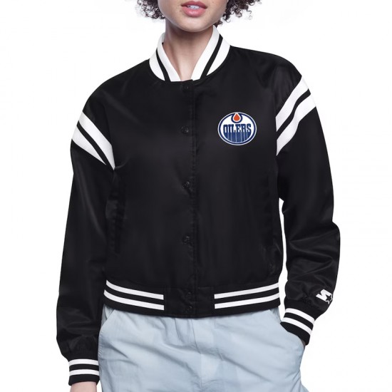 Edmonton Oilers Printed Logo Varsity Satin Jacket Edmonton Oilers Printed Logo Varsity Satin Jacket